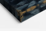 Seated female silhouette beneath a full moon and gnarled tree in deep navy and warm gold, romantic wall art canvas