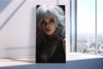 Dramatic female portrait with white-silver hair and deep red lips on dark background, digital art canvas for living room