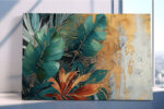 Tropical banana leaves and palm fronds in deep teal and gold, bohemian botanical canvas print for living room or dining room