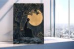 Seated female silhouette beneath a full moon and gnarled tree in deep navy and warm gold, romantic wall art canvas