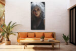 Dramatic female portrait with white-silver hair and deep red lips on dark background, digital art canvas for living room