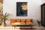 Seated female silhouette beneath a full moon and gnarled tree in deep navy and warm gold, romantic wall art canvas