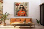 Woman in burnt orange turtleneck and cat-eye sunglasses, layered with botanical flowers, eclectic collage canvas wall art