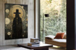 Cloaked top-hat silhouette with swirling gold lines and glowing orb, moody mysterious portrait canvas wall art