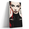 Woman's digital art portrait with crimson drips, cat-eye liner and geometric earrings, bold contemporary canvas wall art