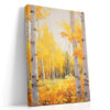 Birch forest in golden amber and yellow autumn tones, watercolor landscape wall art canvas for living room