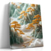 Jade and gold filigree mountain landscape in celadon green, japandi digital art canvas for living room or bedroom