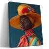 Woman in wide-brim hat with red fabric rose and multicolor striped garment, bold portrait photography canvas wall art