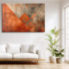Burnt orange diamond and triangles on distressed grey, bold mixed-media abstract canvas for industrial living room