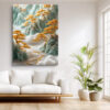 Jade and gold filigree mountain landscape in celadon green, japandi digital art canvas for living room or bedroom