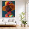 Woman in wide-brim hat with red fabric rose and multicolor striped garment, bold portrait photography canvas wall art