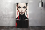 Woman's digital art portrait with crimson drips, cat-eye liner and geometric earrings, bold contemporary canvas wall art