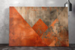 Burnt orange diamond and triangles on distressed grey, bold mixed-media abstract canvas for industrial living room