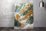 Jade and gold filigree mountain landscape in celadon green, japandi digital art canvas for living room or bedroom