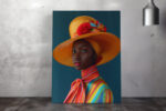 Woman in wide-brim hat with red fabric rose and multicolor striped garment, bold portrait photography canvas wall art