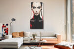 Woman's digital art portrait with crimson drips, cat-eye liner and geometric earrings, bold contemporary canvas wall art