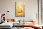 Birch forest in golden amber and yellow autumn tones, watercolor landscape wall art canvas for living room