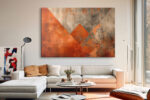 Burnt orange diamond and triangles on distressed grey, bold mixed-media abstract canvas for industrial living room