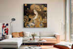 Ornate female figure with golden halo and mosaic robe, dramatic mixed-media portrait canvas for living room or bedroom