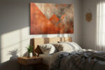 Burnt orange diamond and triangles on distressed grey, bold mixed-media abstract canvas for industrial living room