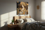 Ornate female figure with golden halo and mosaic robe, dramatic mixed-media portrait canvas for living room or bedroom