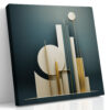 Geometric columns and circles in dark teal and golden amber, contemporary abstract sculpture wall art canvas for living room