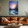 Swirling indigo and purple night sky with glowing orb and conifer silhouettes, dramatic nocturne canvas print for bedroom