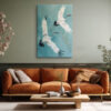 Two red-crowned cranes in mid-flight, muted teal acrylic, japandi wall art canvas for living room or bedroom
