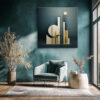Geometric columns and circles in dark teal and golden amber, contemporary abstract sculpture wall art canvas for living room