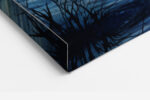 Swirling indigo and purple night sky with glowing orb and conifer silhouettes, dramatic nocturne canvas print for bedroom