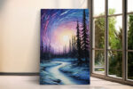 Swirling indigo and purple night sky with glowing orb and conifer silhouettes, dramatic nocturne canvas print for bedroom