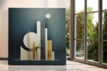 Geometric columns and circles in dark teal and golden amber, contemporary abstract sculpture wall art canvas for living room