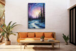 Swirling indigo and purple night sky with glowing orb and conifer silhouettes, dramatic nocturne canvas print for bedroom