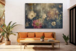 Layered flowers with gold splatters on dark slate blue, romantic mixed-media floral canvas for living room or bedroom
