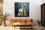 Geometric columns and circles in dark teal and golden amber, contemporary abstract sculpture wall art canvas for living room