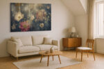 Layered flowers with gold splatters on dark slate blue, romantic mixed-media floral canvas for living room or bedroom