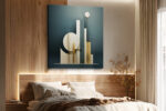 Geometric columns and circles in dark teal and golden amber, contemporary abstract sculpture wall art canvas for living room