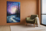 Swirling indigo and purple night sky with glowing orb and conifer silhouettes, dramatic nocturne canvas print for bedroom
