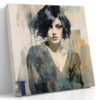 Semi-realistic woman portrait with teal-grey and ochre brushstrokes, mixed-media square canvas art for living room or bedroom