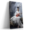 Seated woman in white kimono with heron and terracotta-red guitar before waterfall, serene portrait canvas wall art