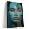 Close-up face with blue impasto paint strokes in teal and warm beige, dramatic portrait digital art canvas for living room