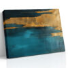Abstract teal and gold canvas print with torn amber layer and fine horizontal lines, dramatic wall art for living room