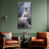 Seated woman in white kimono with heron and terracotta-red guitar before waterfall, serene portrait canvas wall art