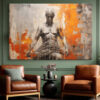 Seated male figure in charcoal and vivid orange, mixed-media portrait canvas wall art for contemporary living room