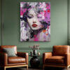 Woman's face with floral paint splatters in magenta and purple, dramatic mixed-media portrait canvas for living room