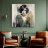 Semi-realistic woman portrait with teal-grey and ochre brushstrokes, mixed-media square canvas art for living room or bedroom