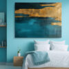 Abstract teal and gold canvas print with torn amber layer and fine horizontal lines, dramatic wall art for living room