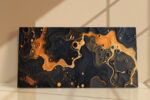 Fluid amber swirls and bubble forms on deep charcoal navy, bold abstract panoramic wall art canvas for living room