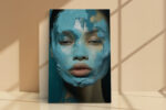 Close-up face with blue impasto paint strokes in teal and warm beige, dramatic portrait digital art canvas for living room