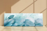 Feathers and translucent botanical leaves in soft teal and pale aqua, panoramic scandinavian digital art canvas for bedroom